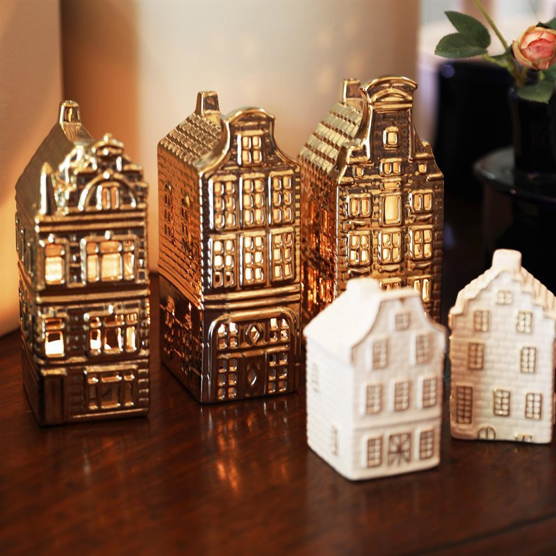 Zestaw 3 świeczników w kolorze złotym holenderskie domki MHD0-05-37
