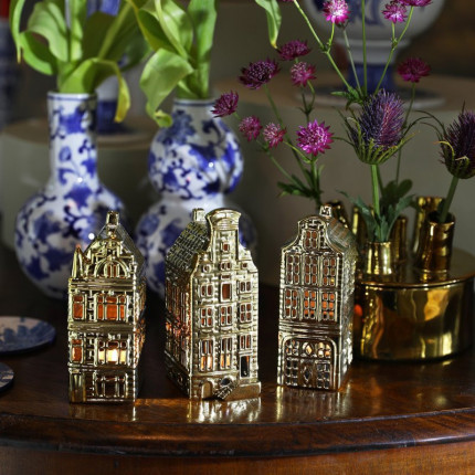 Zestaw 3 świeczników w kolorze złotym holenderskie domki