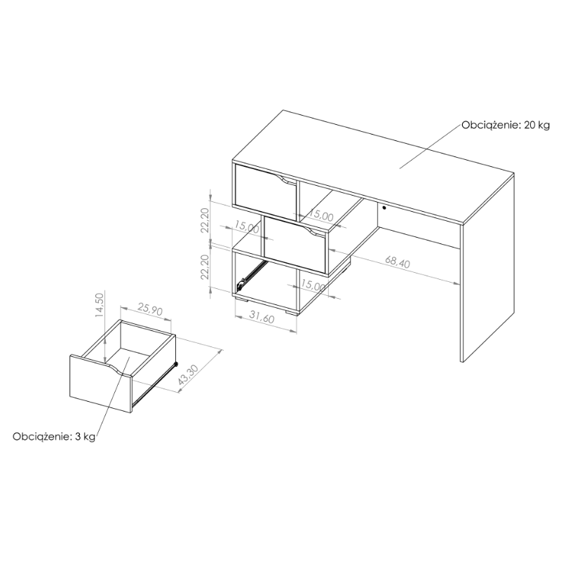 Oryginalne biurko drewniane 120 cm MHG-IW-20