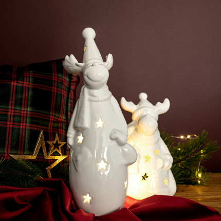 Ceramiczny wysoki lampion świąteczny renifer z workiem