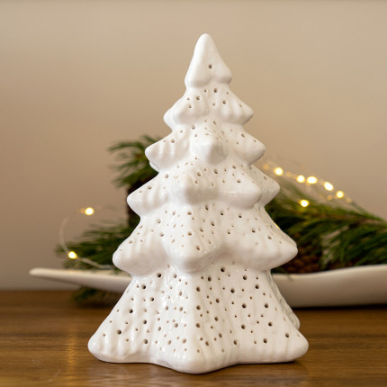 Ceramiczny biały lampion świąteczny leśna choinka